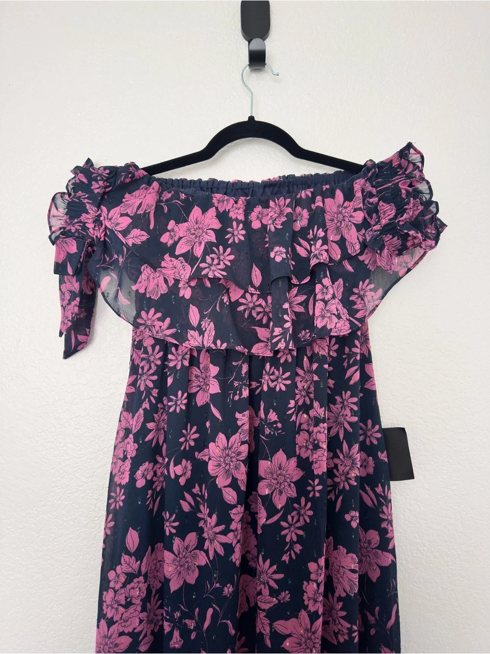 Lulu's Off the Shoulder Maxi Dress in Navy Blue with Pink Floral Print